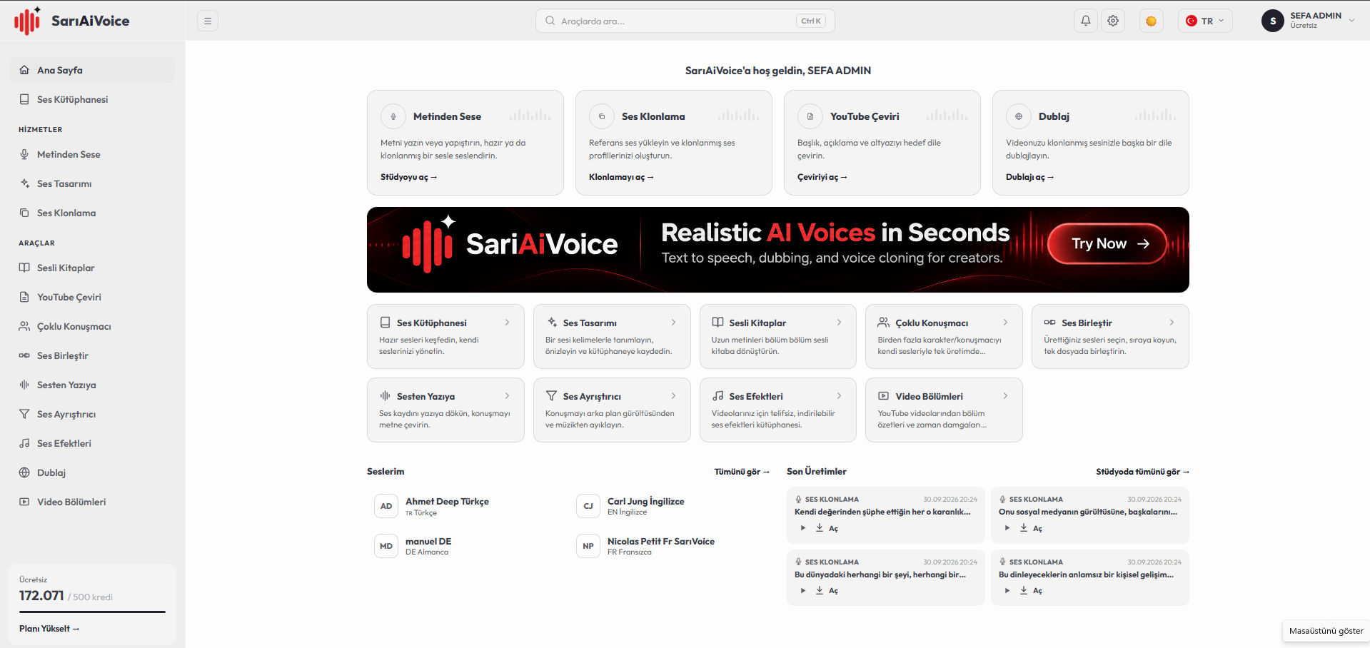 SarıAiVoice stüdyo paneli